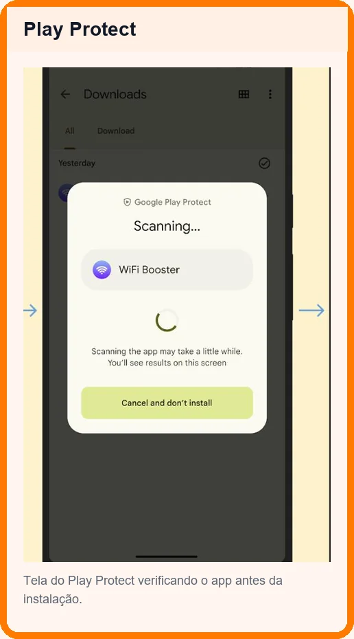 Verificação do Play Protect antes de instalar APK Tela do Google Play Protect verificando apps no Android