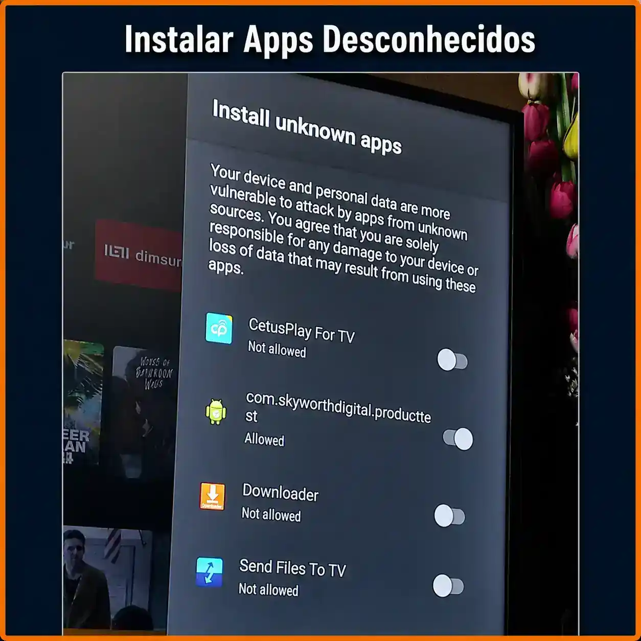Permissão para instalar apps desconhecidos no Android TV Tela para permitir instalação de apps desconhecidos no Android TV