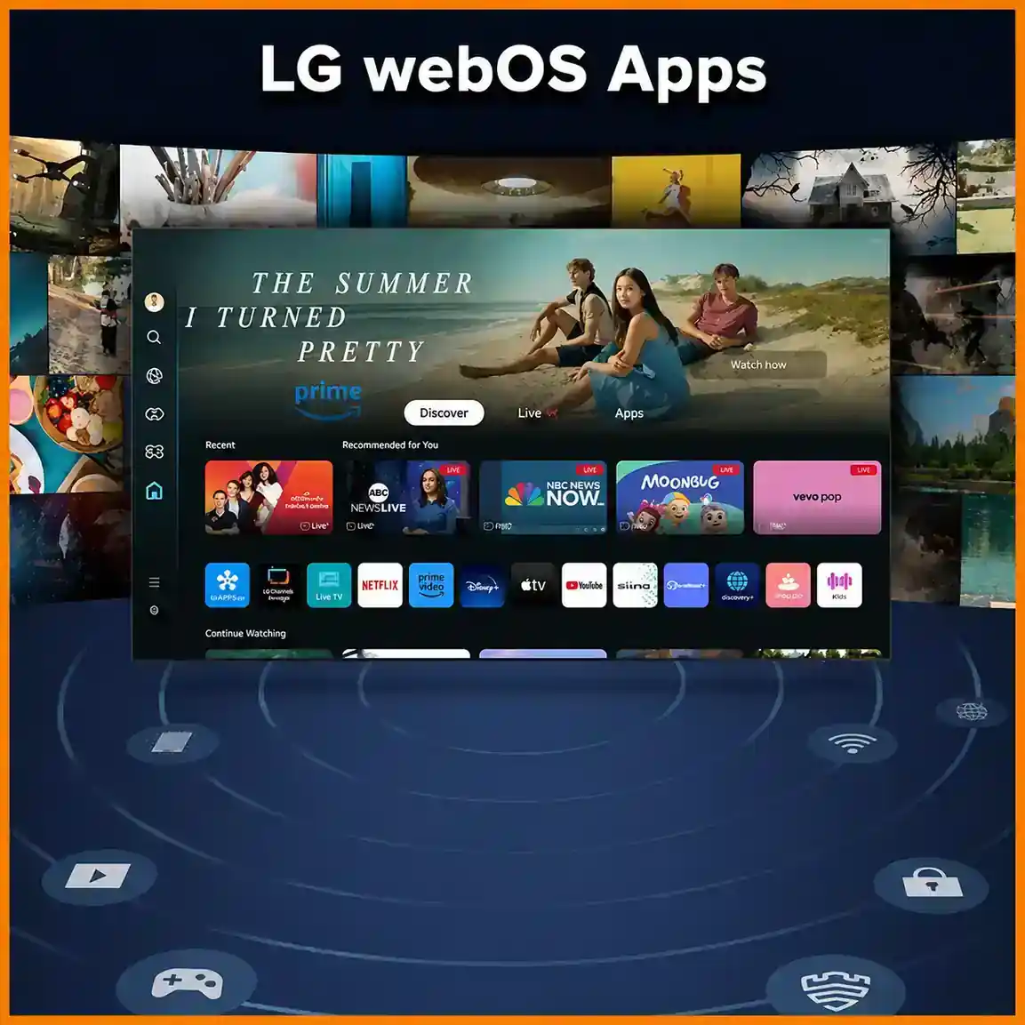 Tela de aplicativos da Smart TV LG com sistema webOS Interface de aplicativos em Smart TV LG com sistema webOS
