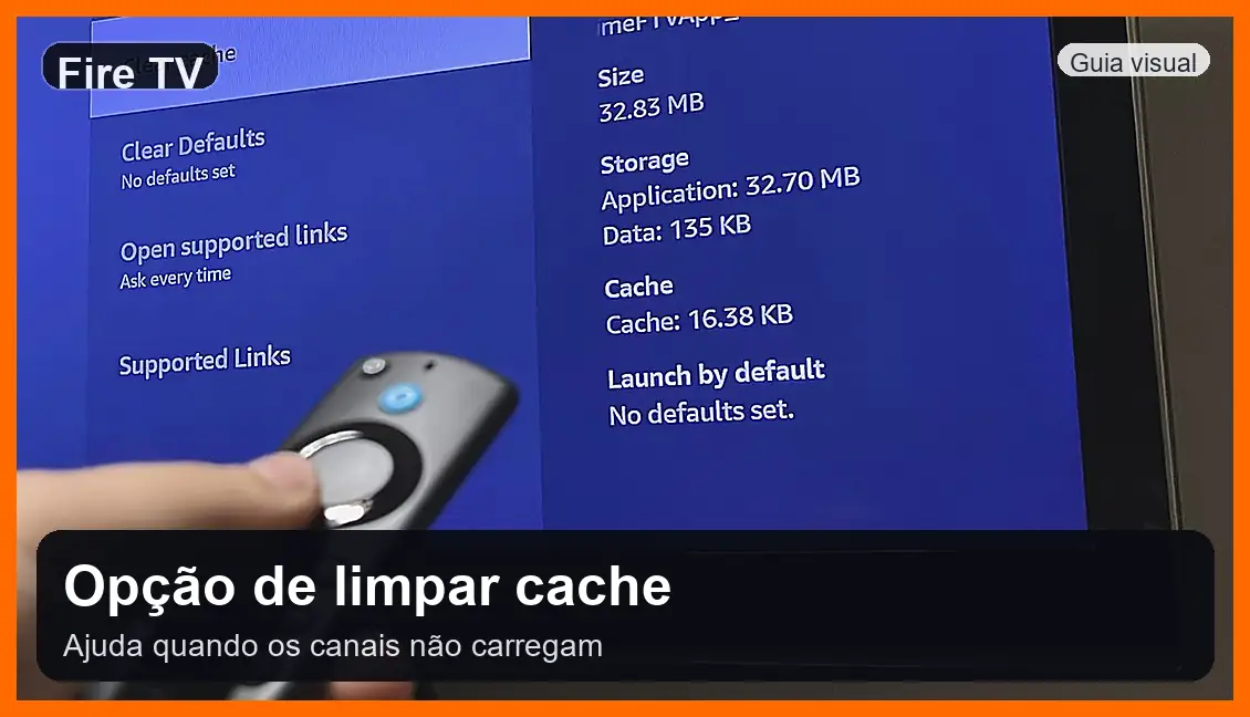 Menu do Fire TV para limpar o cache do UniTV Opção de limpar cache no Fire TV para resolver canais do UniTV