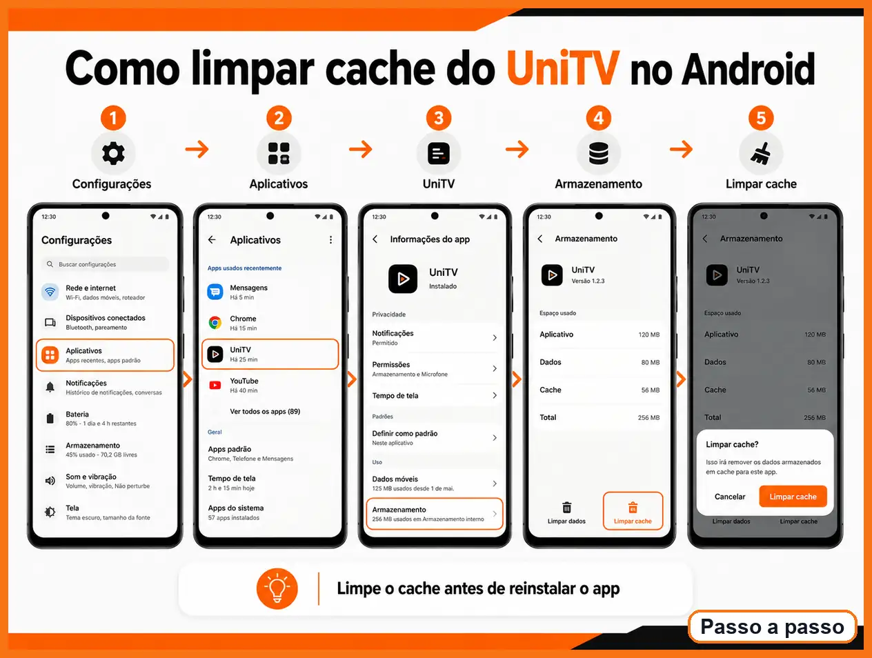 Caminho para limpar o cache do UniTV no Android Como limpar o cache do UniTV no Android pelo caminho Configurações, Aplicativos, UniTV, Armazenamento e Limpar cache