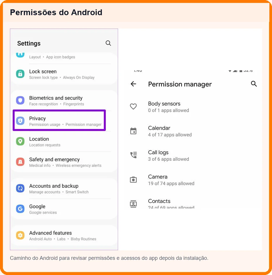 Revisar permissões do Android antes de instalar APK Tela de permissões do Android com acessos do app
