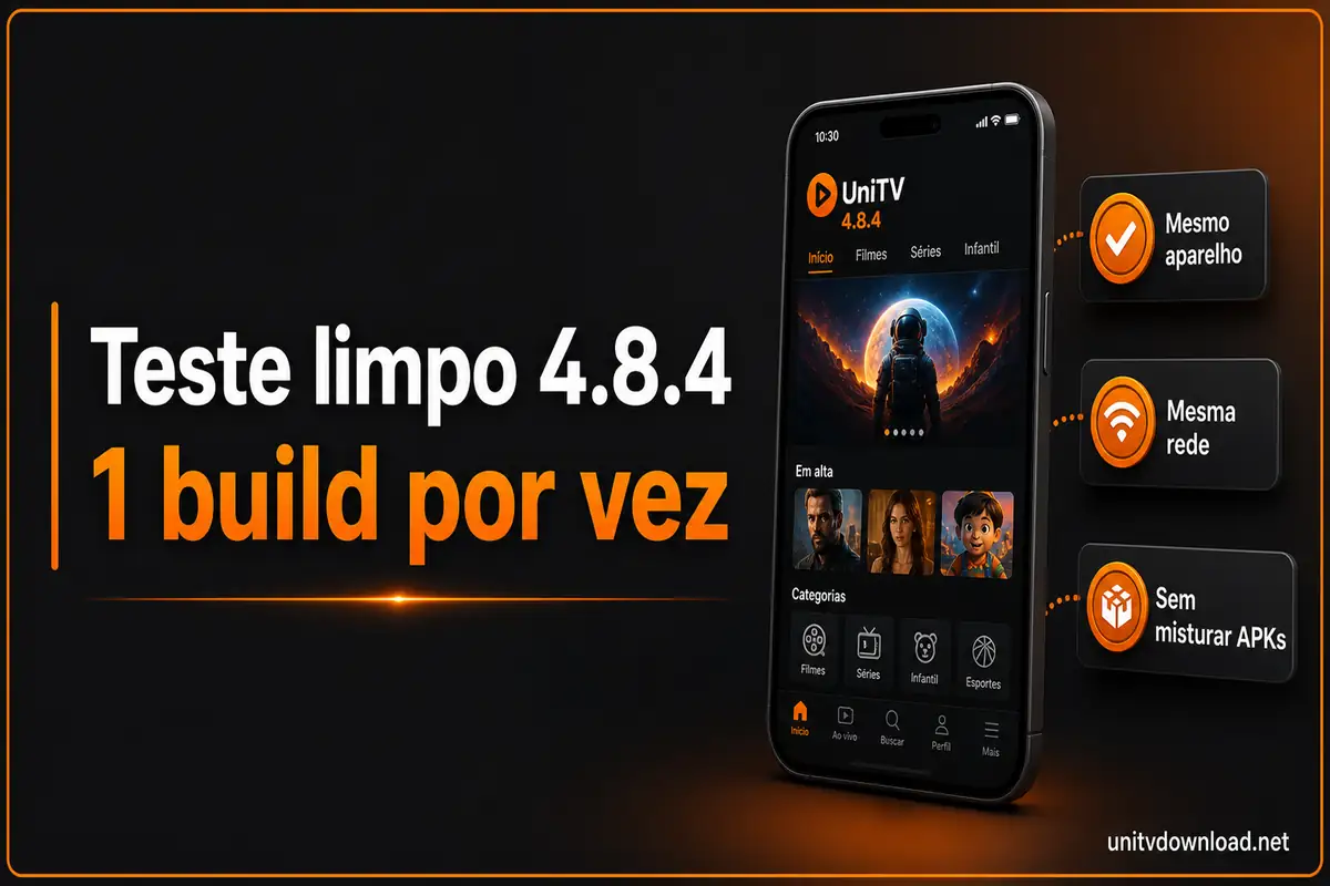 UniTV 4.8.4: teste limpo antes de comparar com outra build Checklist visual para testar o UniTV 4.8.4 no mesmo aparelho, na mesma rede e sem misturar outras builds no meio da comparação